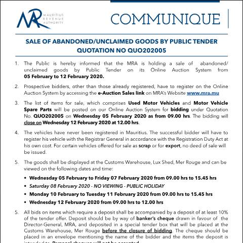Document preview: Sale of Abandoned / Unclaimed Goods by Public Tender (05.02.20) — Form, Mauritius (CERFA n°Communique05of2020)