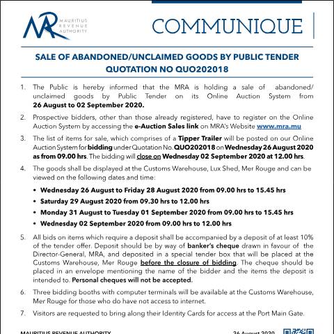 Document preview: Sale of Abandoned / Unclaimed Goods by Public Tender (26.08.20) — Form, Mauritius (CERFA n°CommuniqueQ202018)