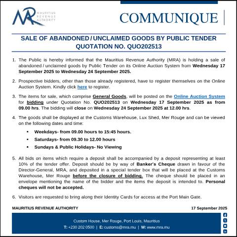 Document preview: Sale of Abandoned / Unclaimed Goods by Public Tender - Quotation No. QUO202513 (17.09.25) — Form, Mauritius (CERFA n°CommuniqueQuo202513)