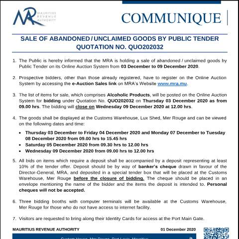 Document preview: Quotation 32 of 2020 — Notice / Circular, Mauritius (CERFA n°CommuniqueQ202032)