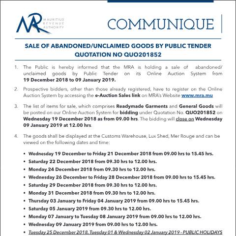 Document preview: Sale of Abandoned / Unclaimed Goods by Public Tender (19.12.18) — Form, Mauritius (CERFA n°Communique52of2018)