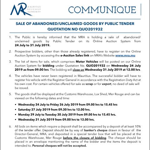 Document preview: Sale of Abandoned / Unclaimed Goods by Public Tender (24.07.19) — Form, Mauritius (CERFA n°Communique32of2019)