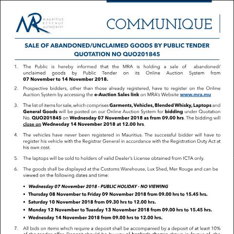 Document preview: Sale of Abandoned / Unclaimed Goods by Public Tender (07.11.18) — Form, Mauritius (CERFA n°Communique45of2018)
