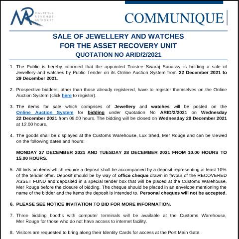 Document preview: Sale of Jewellery and Watches for the Asset Recovery Unit - Quotation No ARID/2/2021 (22.12.21) — Document, Mauritius (CERFA n°AuctionSales221221)