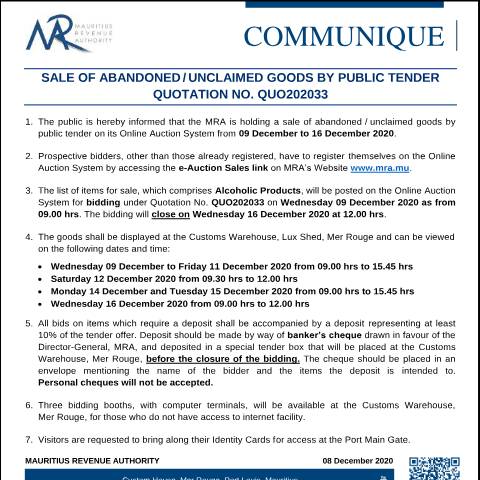 Document preview: Quotation 33 of 2020 — Notice / Circular, Mauritius (CERFA n°CommuniqueQ202033)