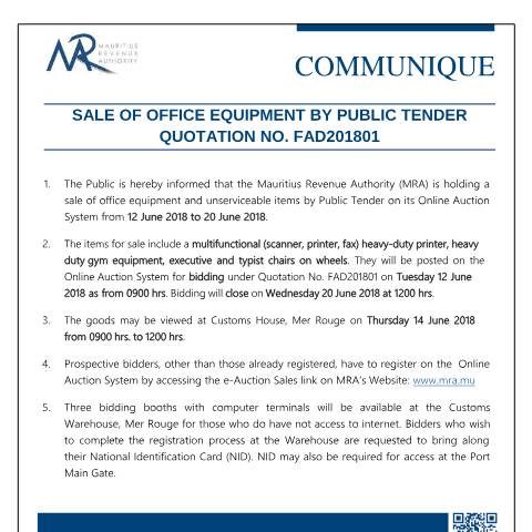 Document preview: Sale of Office Equipment by Public Tender (12.06.18) — Document, Mauritius (CERFA n°PublicTender120618)