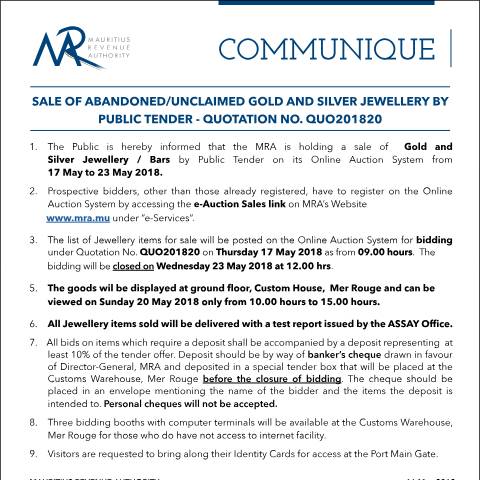 Document preview: Sale of Abandoned / Unclaimed Gold and Silver Jewellery by Public Tender (16.05.18) — Form, Mauritius (CERFA n°CommuniqueQ20of2018)