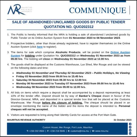 Document preview: Qu. 12 of 2023 (31.10.23) — Document, Mauritius (CERFA n°CommumniqueQUO202312)
