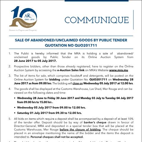 Document preview: Sale of Abandoned / Unclaimed Goods by Public Tender (28.06.17) — Form, Mauritius (CERFA n°CommuniqueQ11of2017)