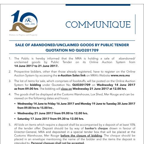 Document preview: Sale of Abandoned / Unclaimed Goods by Public Tender (12.06.17) — Form, Mauritius (CERFA n°CommuniqueQu09of2017)