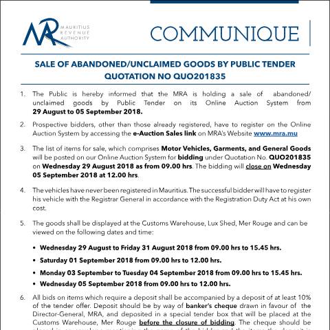 Document preview: Sale of Abandoned / Unclaimed Goods by Public Tender (29.08.18) — Form, Mauritius (CERFA n°Communique35of2018)