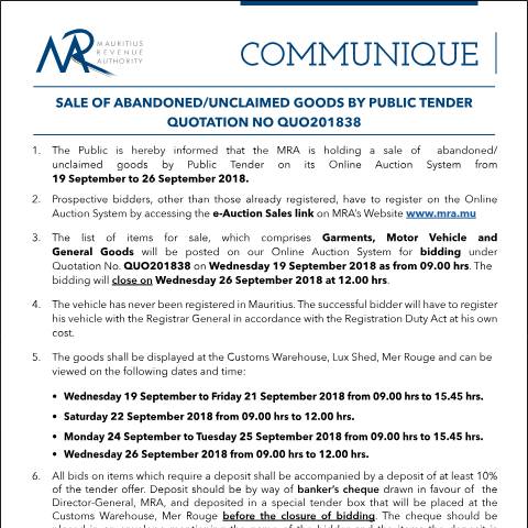 Document preview: Sale of Abandoned / Unclaimed Goods by Public Tender (19.09.18) — Form, Mauritius (CERFA n°Communique38of2018)