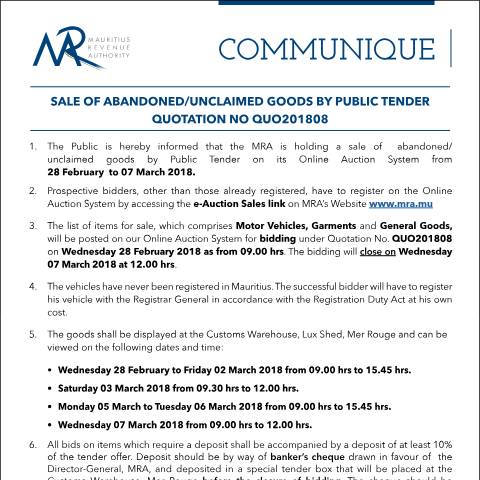 Document preview: Sale of Abandoned / Unclaimed Goods by Public Tender (28.02.18) — Form, Mauritius (CERFA n°CommuniqueQ08of2018)