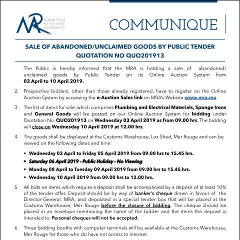 Document preview: Sale of Abandoned / Unclaimed Goods by Public Tender (03.04.19) — Form, Mauritius (CERFA n°Communique13of2019)