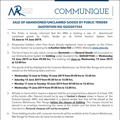 Document preview: Sale of Abandoned / Unclaimed Goods by Public Tender (12.06.19) — Form, Mauritius (CERFA n°Communique24of2019)