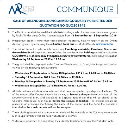 Document preview: Sale of Abandoned / Unclaimed Goods by Public Tender (10.09.19) — Form, Mauritius (CERFA n°Communique42of2019)