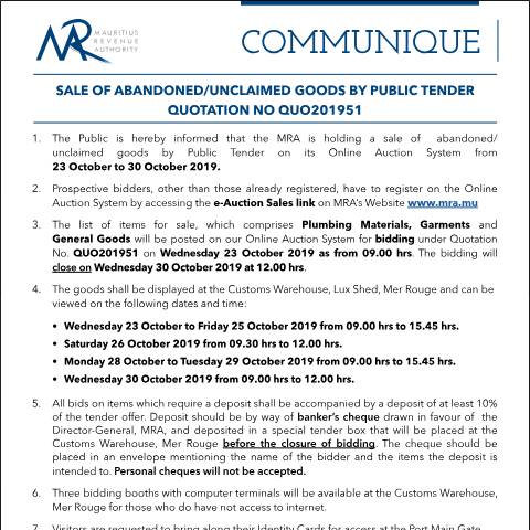 Document preview: Sale of Abandoned / Unclaimed Goods by Public Tender (23.10.19) — Form, Mauritius (CERFA n°Communique51of2019)
