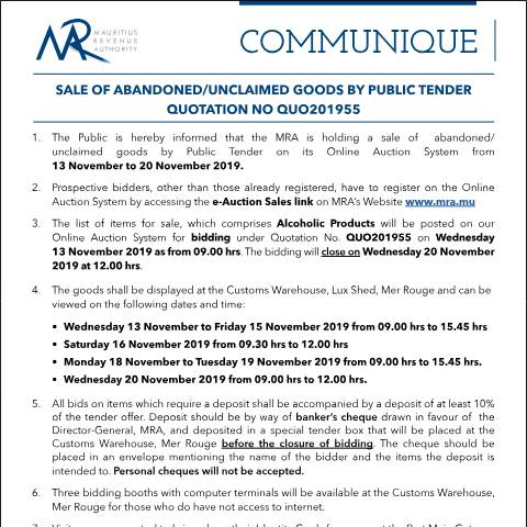 Document preview: Sale of Abandoned / Unclaimed Goods by Public Tender (13.11.19) — Form, Mauritius (CERFA n°Communique55of2019)