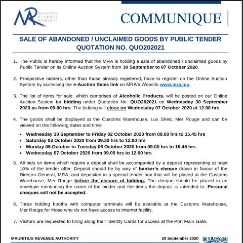 Document preview: Sale of Abandoned / Unclaimed Goods by Public Tender (29.09.20) — Form, Mauritius (CERFA n°CommuniqueQ202021)