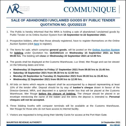 Document preview: Sale of Abandoned / Unclaimed Goods by Public Tender - Quotation 15 (14.09.21) — Form, Mauritius (CERFA n°CommuniqueQUO202115)