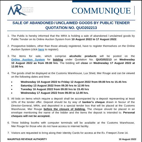 Document preview: Sale of Abandoned / Unclaimed Goods by Public Tender - Qu. 13 of 2022 (10.08.22) — Form, Mauritius (CERFA n°CommuniqueAuction100822)