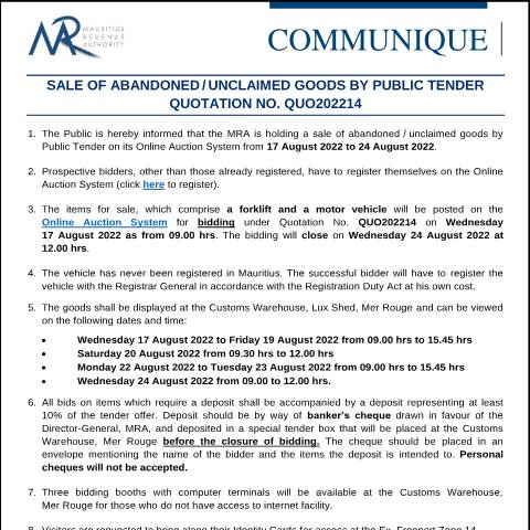 Document preview: Sale of Abandoned / Unclaimed Goods by Public Tender - Qu. 14 of 2022 (16.08.22) — Form, Mauritius (CERFA n°CommuniqueQuo202214)
