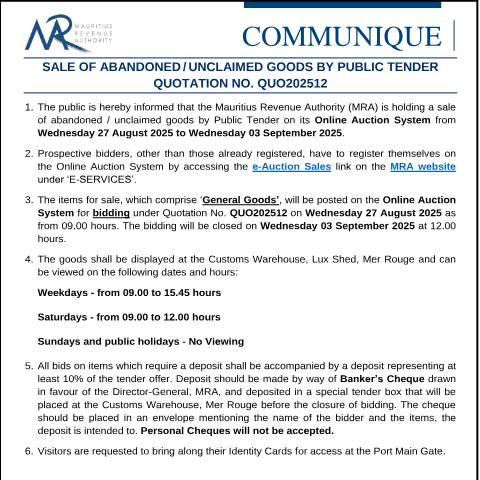 Document preview: Sale of Abandoned / Unclaimed Goods by Public Tender - Quotation No. Quo202512 (27.08.25) — Form, Mauritius (CERFA n°CommuniqueQuo202512)