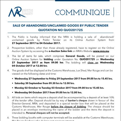 Document preview: Sale of Abandoned / Unclaimed Goods by Public Tender (27.09.2017) — Form, Mauritius (CERFA n°CommuniqueQ25of2017)