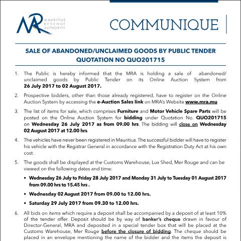 Document preview: Sale of Abandoned / Unclaimed Goods by Public Tender (26.07.17) — Form, Mauritius (CERFA n°CommuniqueQ15of2017)