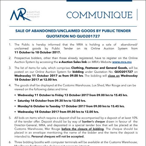 Document preview: Sale of Abandoned / Unclaimed Goods by Public Tender (11.10.17) — Form, Mauritius (CERFA n°CommuniqueQ27of2017)