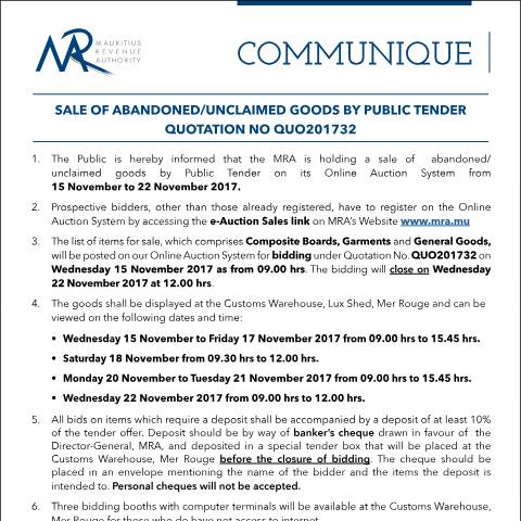 Document preview: Sale of Abandoned / Unclaimed Goods by Public Tender (15.11.17) — Form, Mauritius (CERFA n°CommuniqueQ32of2017)