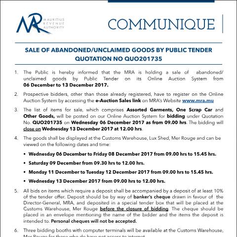 Document preview: Sale of Abandoned / Unclaimed Goods by Public Tender (05.12.17) — Form, Mauritius (CERFA n°CommuniqueQ35of2017)
