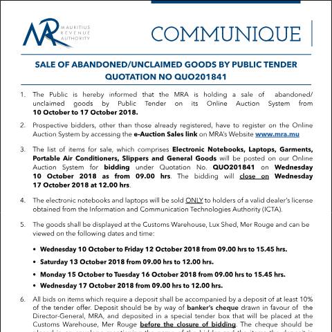 Document preview: Sale of Abandoned / Unclaimed Goods by Public Tender (10.10.18) — Form, Mauritius (CERFA n°Communique41of2018)