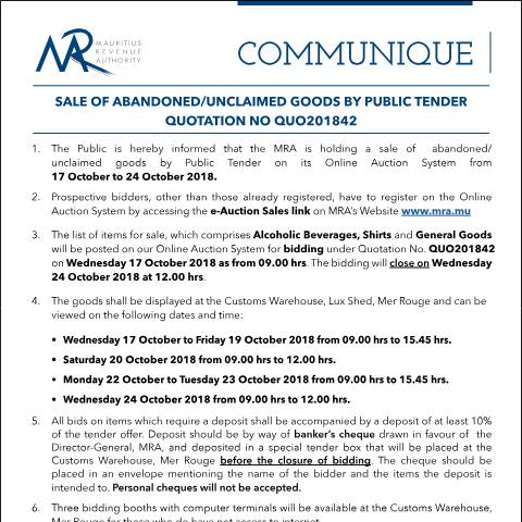 Document preview: Sale of Abandoned / Unclaimed Goods by Public Tender (17.10.18) — Form, Mauritius (CERFA n°Communique42of2018)