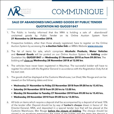 Document preview: Sale of Abandoned / Unclaimed Goods by Public Tender (21.11.18) — Form, Mauritius (CERFA n°Communique47of2018)