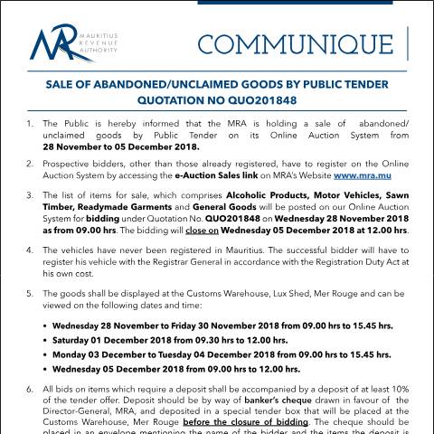 Document preview: Sale of Abandoned / Unclaimed Goods by Public Tender (28.11.18) — Form, Mauritius (CERFA n°Communique48of2018)