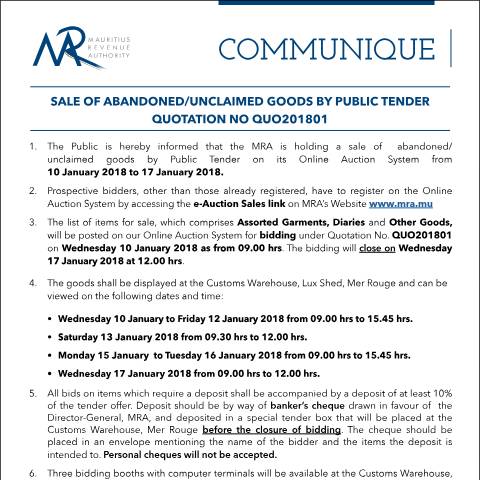 Document preview: Sale of Abandoned / Unclaimed Goods by Public Tender (10.01.18) — Form, Mauritius (CERFA n°CommuniqueQ01of2018)
