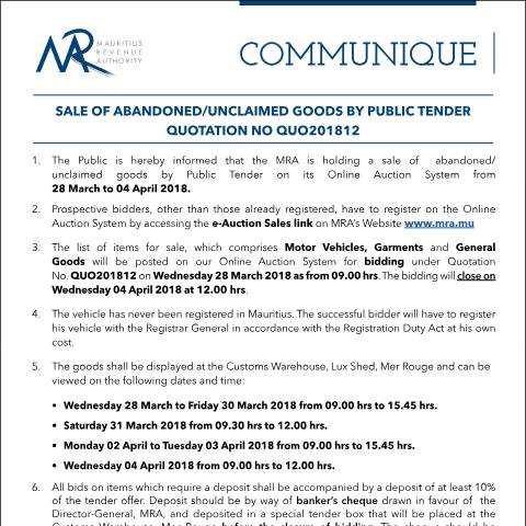 Document preview: Sale of Abandoned / Unclaimed Goods by Public Tender (27.03.18) — Form, Mauritius (CERFA n°CommuniqueQ12of2018)