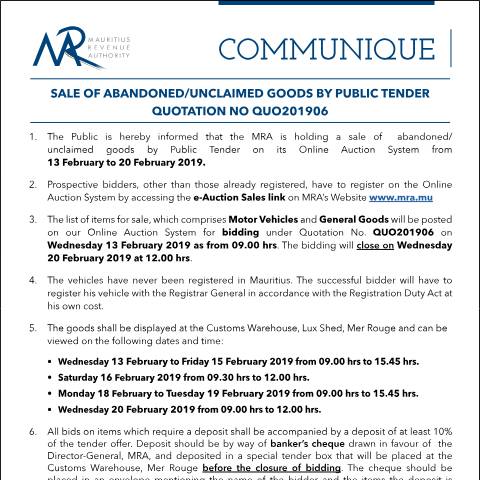 Document preview: Sale of Abandoned / Unclaimed Goods by Public Tender (13.02.19) — Form, Mauritius (CERFA n°Communique06of2019)