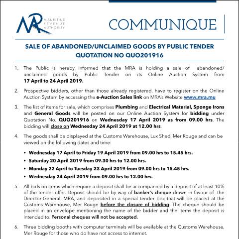 Document preview: Sale of Abandoned / Unclaimed Goods by Public Tender (17.04.19) — Form, Mauritius (CERFA n°Communique16of2019)