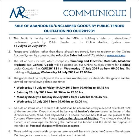 Document preview: Sale of Abandoned / Unclaimed Goods by Public Tender (17.07.19) — Form, Mauritius (CERFA n°Communique31of2019)