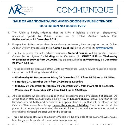 Document preview: Sale of Abandoned / Unclaimed Goods by Public Tender (04.12.19) — Form, Mauritius (CERFA n°Communique59of2019)