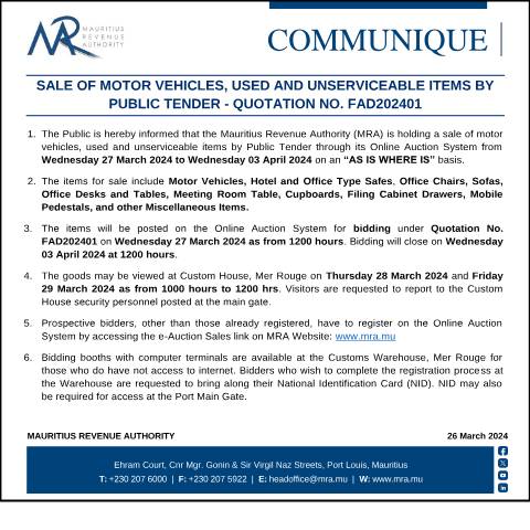 Document preview: Sale of Motor Vehicles, Used and Unserviceable Items by Public Tender - FAD Qu. 01 of 2024 (26.03.24) — Document, Mauritius (CERFA n°FAD012024)