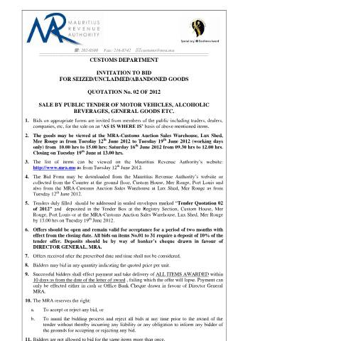 Document preview: Notice of Sale - Q 02 of 2012 (06.06.2012) — Document, Mauritius (CERFA n°NoticeQ02of2012)