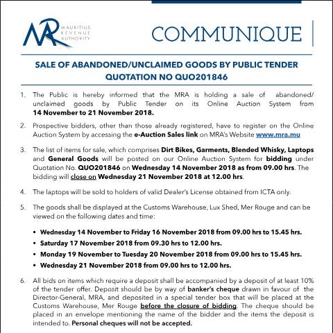 Document preview: Sale of Abandoned / Unclaimed Goods by Public Tender (13.11.18) — Form, Mauritius (CERFA n°Communique46of2018)