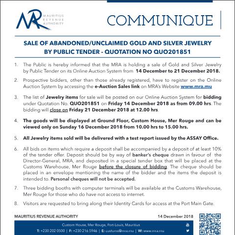 Document preview: Sale of Abandoned / Unclaimed Goods by Public Tender (14.12.18) — Form, Mauritius (CERFA n°Communique51of2018)