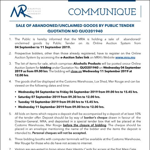 Document preview: Sale of Abandoned / Unclaimed Goods by Public Tender (04.09.19) — Form, Mauritius (CERFA n°Communique40of2019)