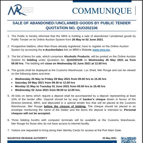 Document preview: Sale of Abandoned / Unclaimed Goods by Public Tender (25.05.21) — Form, Mauritius (CERFA n°CommuniqueQ202106)