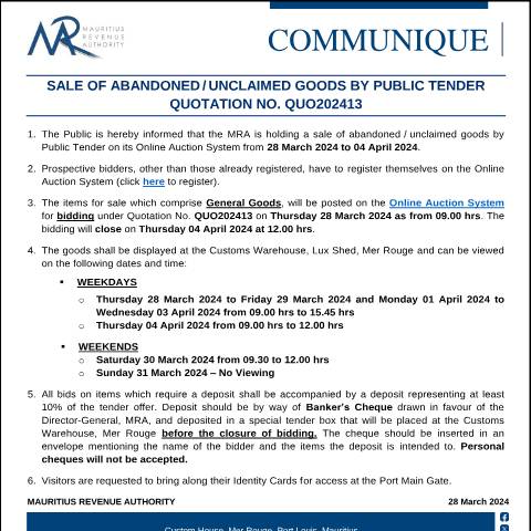 Document preview: Qu. 13 of 2024 (28.03.24) — Notice / Circular, Mauritius (CERFA n°CommuniqueQuo202413)