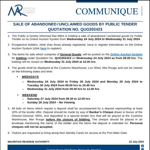 Document preview: Qu. 23 of 2024 (24.07.24) — Notice / Circular, Mauritius (CERFA n°CommuniqueQuo202423)